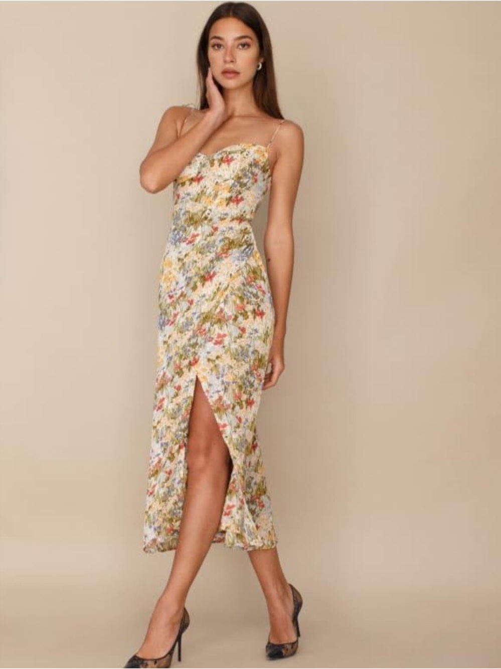 Reformation Floral Midi Slip Dress in Cream, Green, Pink